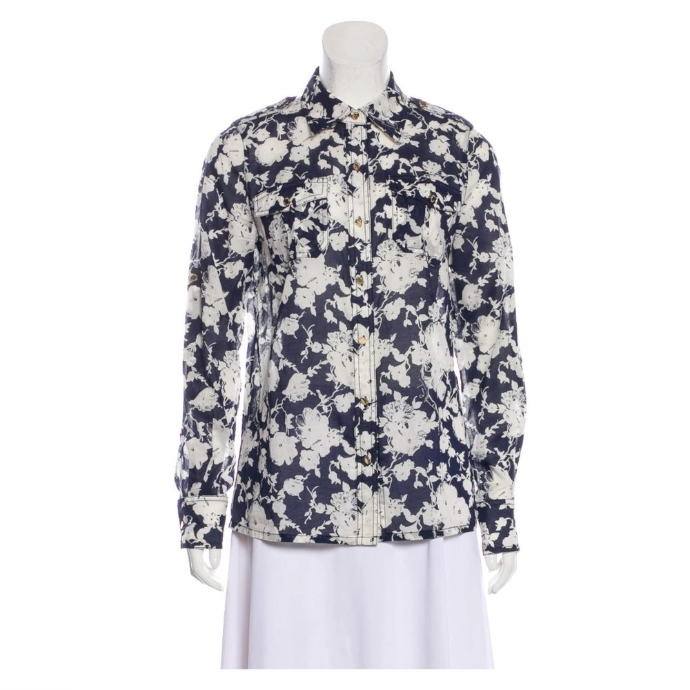 TORY BURCH Navy Blue & White Floral Printed Button-Up Cotton Blouse